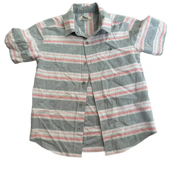 Calvin Klein Boys Short Sleeve Button Down Pink Grey Stripes Size 8 - Picture 1 of 4